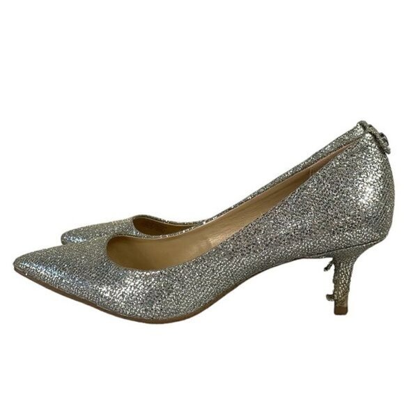 Michael Michael Kors Silver Glitter Flex Pointed Toe Kitten Heels Pumps Sz 6.5 - Picture 1 of 12